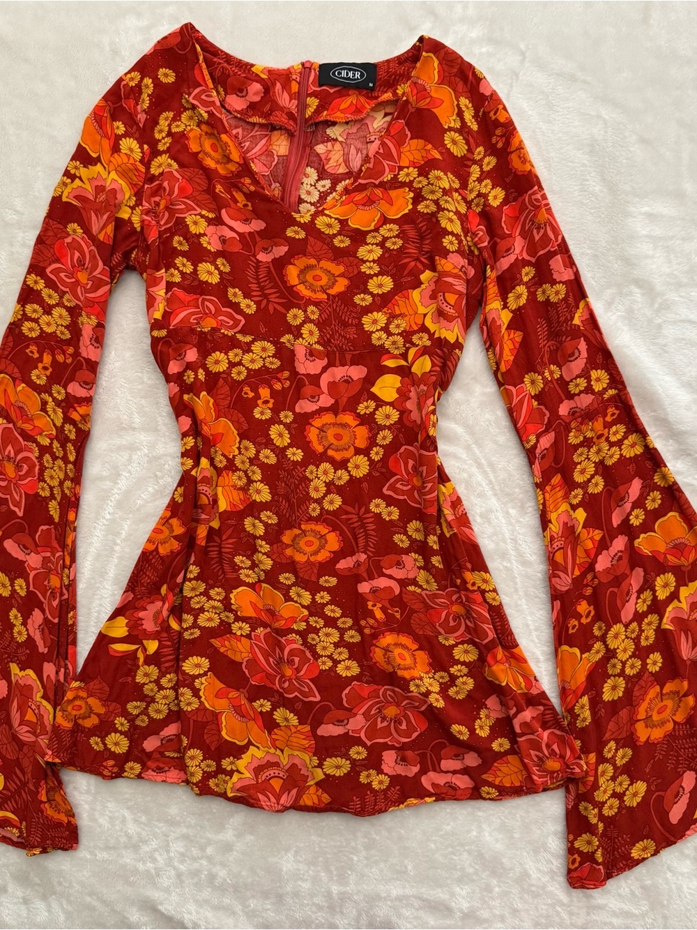 Cider Red Orange & Pink Floral Bell Sleeve Dress
